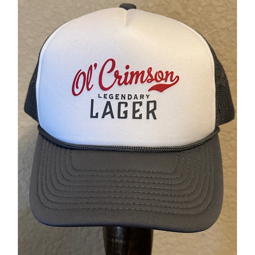 Decky Ol' Crimson Legendary Lager Beer Trucker Hat Grey White Mesh Snapback